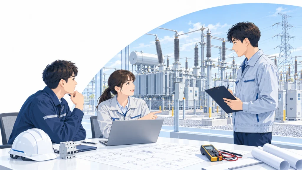 変電設備を背景に、図面やパソコンを使って打ち合わせる3人の電気技術者のイラスト