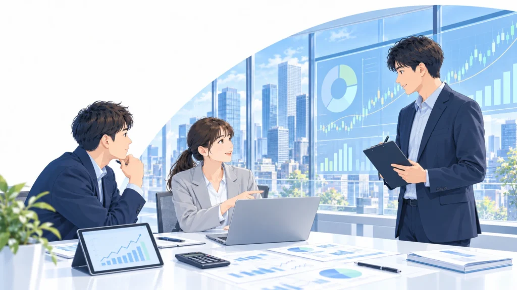 オフィスで市場データやグラフを確認する3人の金融業界の担当者のイラスト
